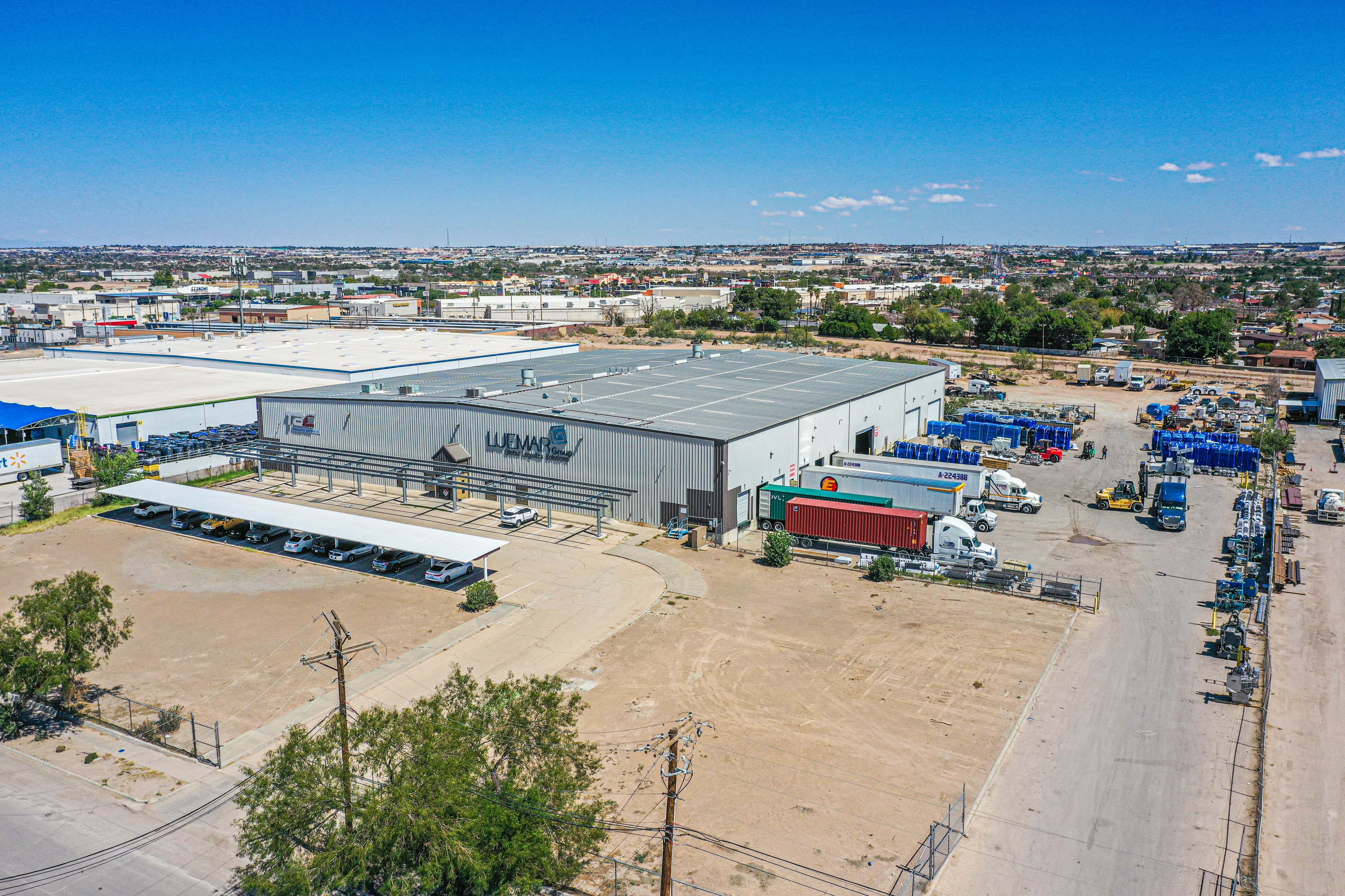 Aerial drone view of warehouse yard space and transloading area