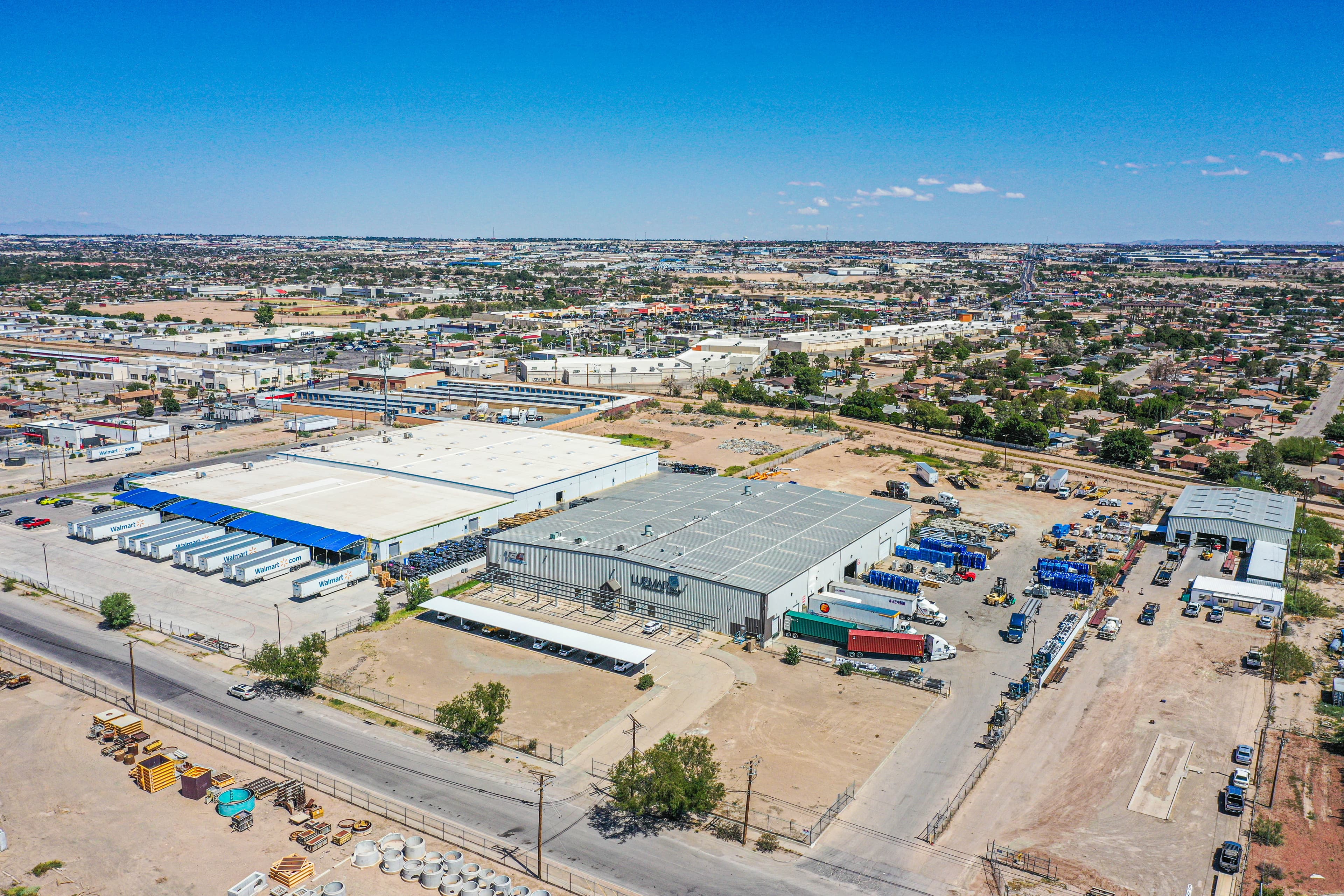 Aerial drone view of warehouse complex showing multiple structures